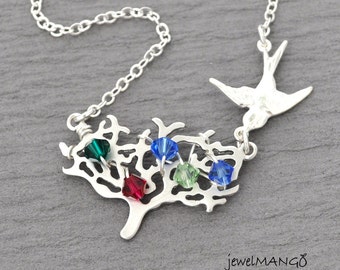 Family tree Necklace, bird charm, silver tree with birthstones, woodland,  Personalized birthstone necklace mother necklace, gift for mom