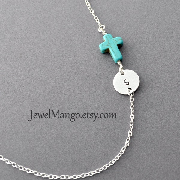 Turquoise cross initial necklace, Turquoise necklace, monogram, unique Jewelry, cross jewelry. sideway cross, horizontal cross