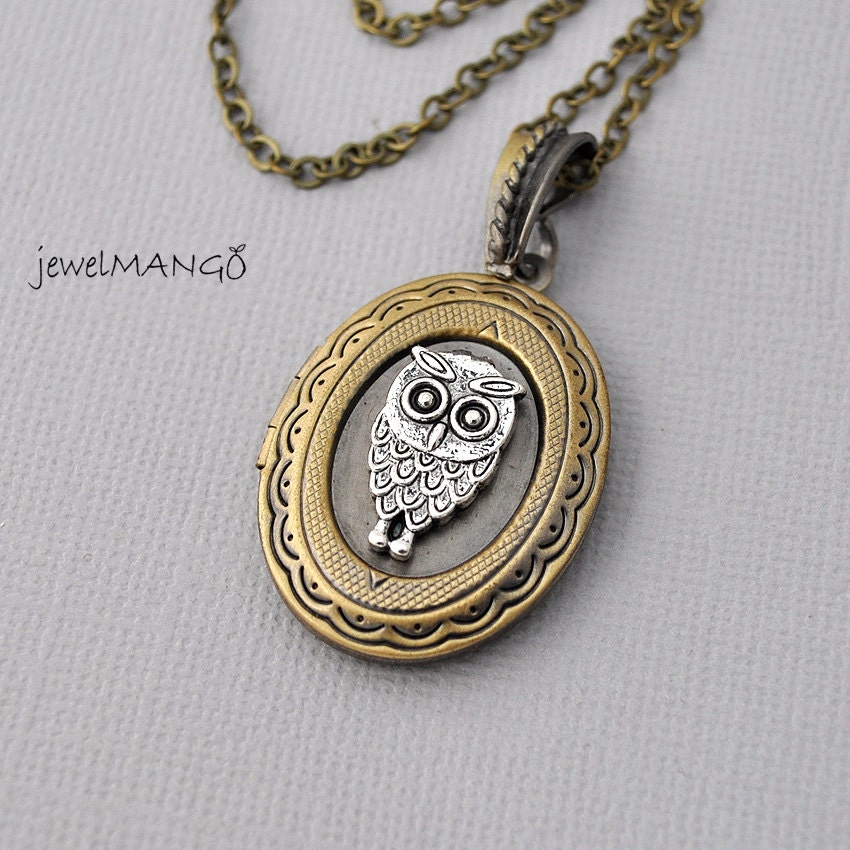 Owl Locket Necklace Oval Locket Photo Locket Necklace Etsy