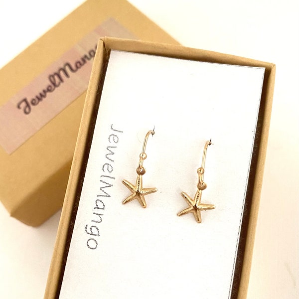 Gold starfish earrings, tiny gold filled starfish earrings, 14k gold Earrings, dangle earrings, small gold earrings, minimalist jewelry