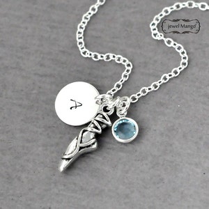 ballet shoes necklace, Birthstone Initial Necklace, Monogram, Dance Necklace, ballerina necklace