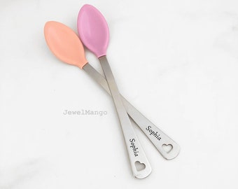 Engraved Baby Spoon, Personalized Baby Spoon set, perfect baby shower gift, new mom, baby feeding, baby pink set, white hot, New Baby Gift