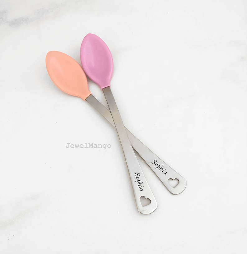 Engraved Baby Spoon, Personalized Baby Spoon set, perfect baby shower gift, new mom, baby feeding, baby pink set, white hot, New Baby Gift image 1