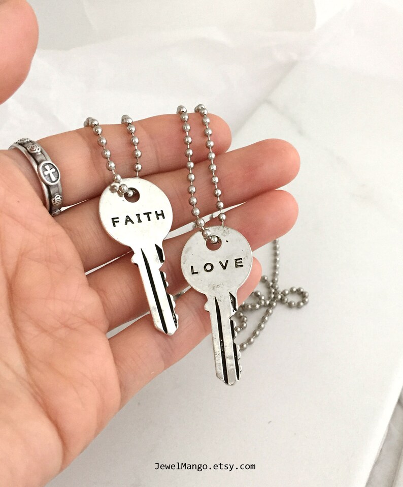 Silver Key Necklace LOVE FAITH Vintage Necklace Engraved Etsy