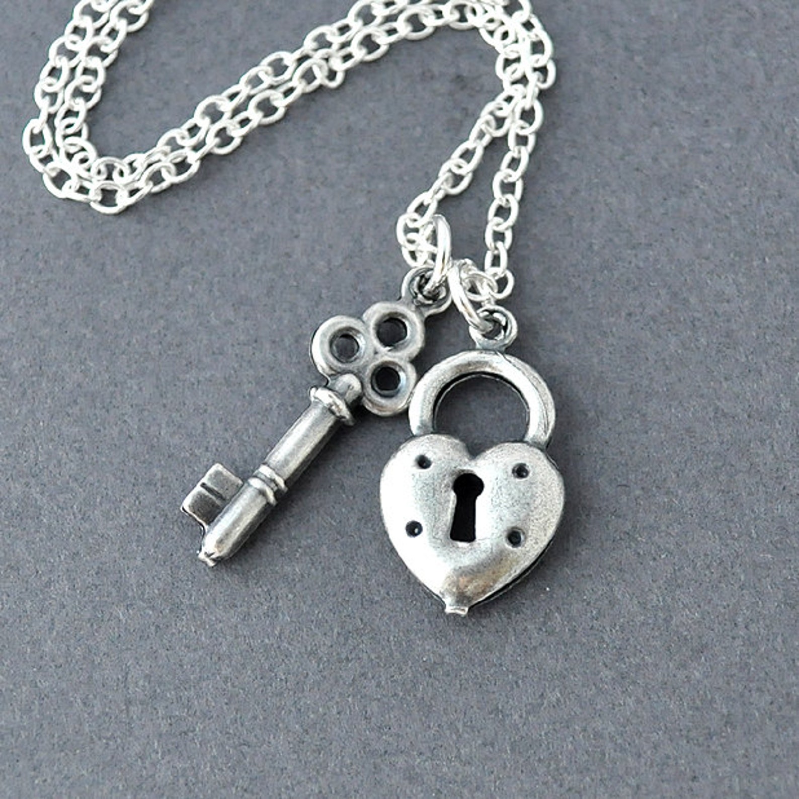 Key and lock necklace in silver Key charm Heart Lock charm Etsy