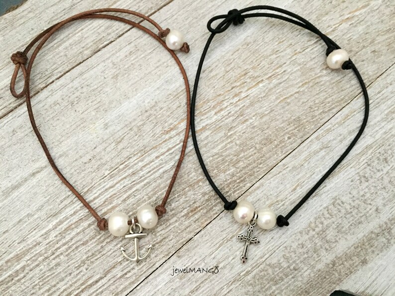 Anchor Double Pearl Leather Necklacepearl Necklace Leather Etsy