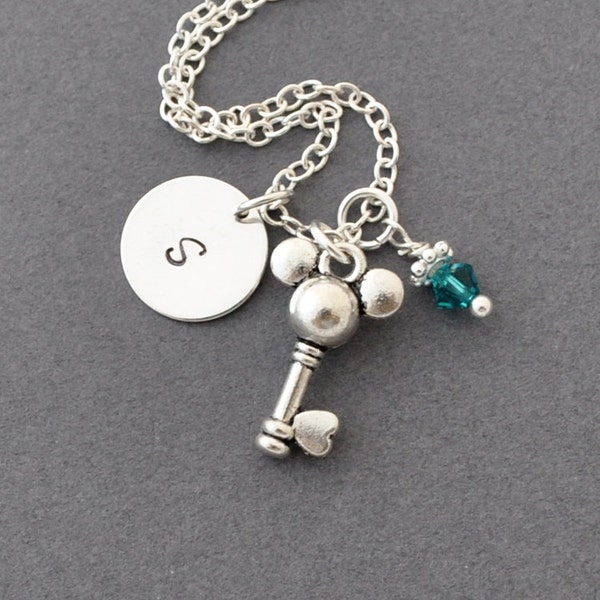 Mickey mouse key Necklace, Birthstone Initial Necklace, Monogram, mickey charm, silver key charm, personalized jewelry, mickey mouse key