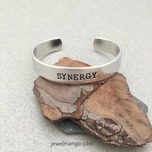 Personalized metal cuff bracelet, Synergy, custom bracelet, aluminum cuff engraved bracelet, STRENGTH, metal stamping, custom jewelry