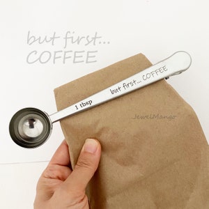Coffee measuring Spoon and Bag Clip, Stainless Steel Bag Clip, Custom Measuring Scoop 1 tbsp, Gold and Silver, Personalized gift for coffee Silver
