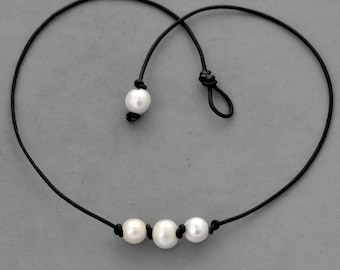 Triple pearl leather necklace, pearl necklace, black leather, knot, three pearl leather necklace, white freshwater pearl leather necklace