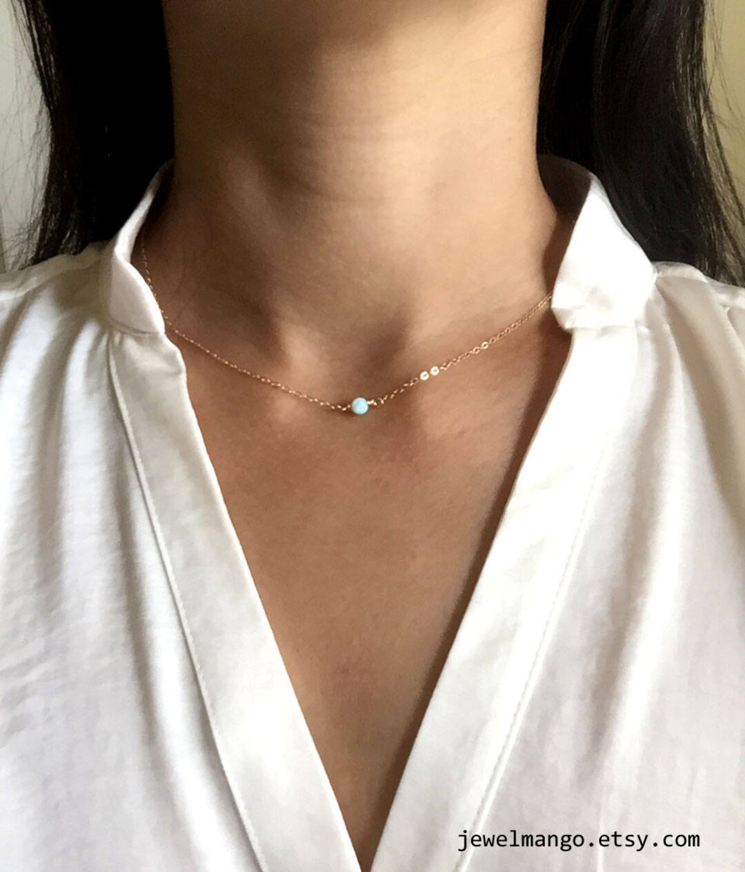Opal Bead Necklace, Dainty White Opal Beaded Necklace, October