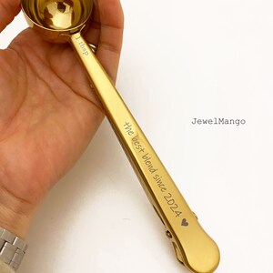 Coffee measuring Spoon and Bag Clip, Stainless Steel Bag Clip, Custom Measuring Scoop 1 tbsp, Gold and Silver, Personalized gift for coffee image 2