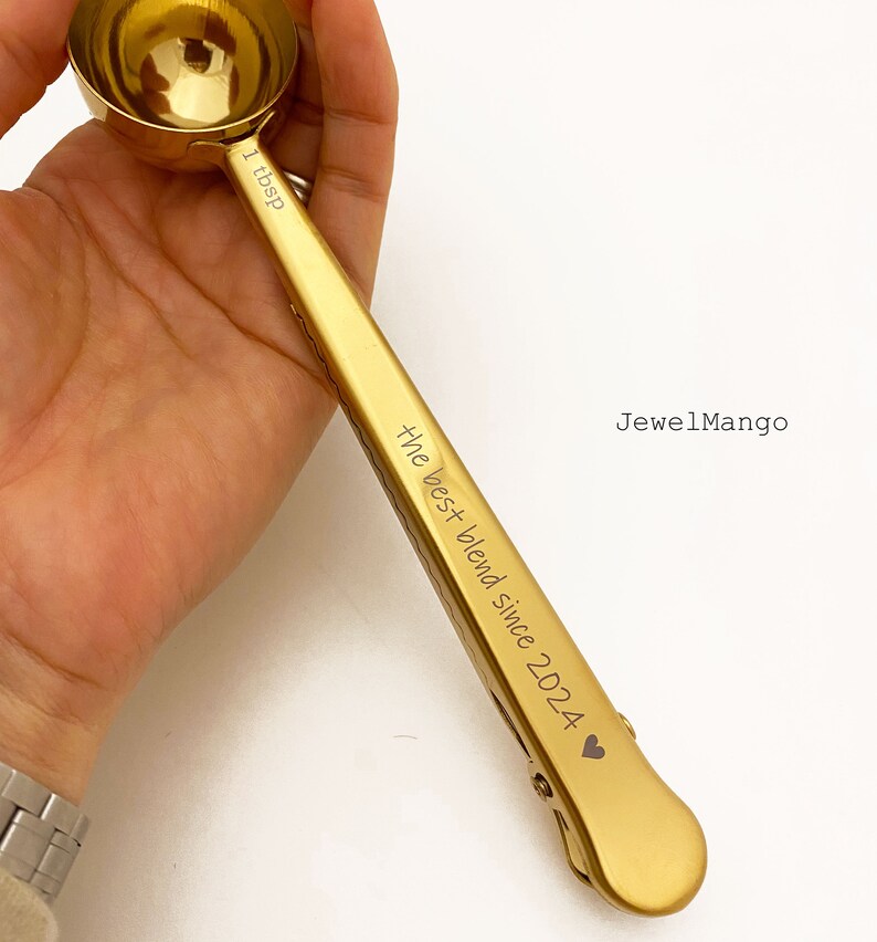 Coffee measuring Spoon and Bag Clip, Stainless Steel Bag Clip, Custom Measuring Scoop 1 tbsp, Gold and Silver, Personalized gift for coffee image 2
