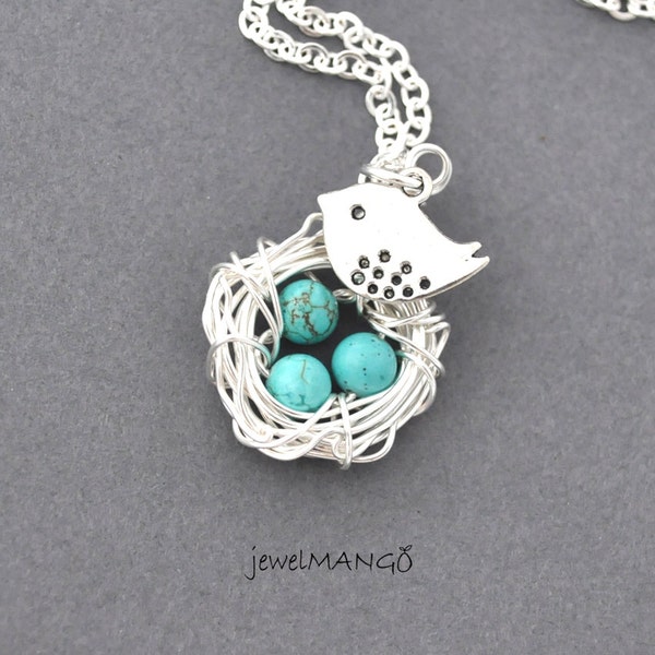 Eggs in nest with mama bird necklace, bird necklace, Bird nest necklace, Turquoise, silver wire wrapped nest, three eggs, two eggs,one egg