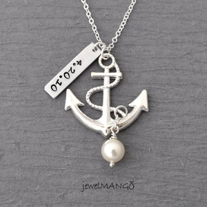 Personalized shiny anchor necklace, keepsake necklace, hand stamping, special day, anniversary, wedding date, engagement, nautical image 1