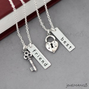 best friend necklace, friendship necklace, bff, key and lock necklace, gift for BFF, antique gold, birthday gifts for friends, heart