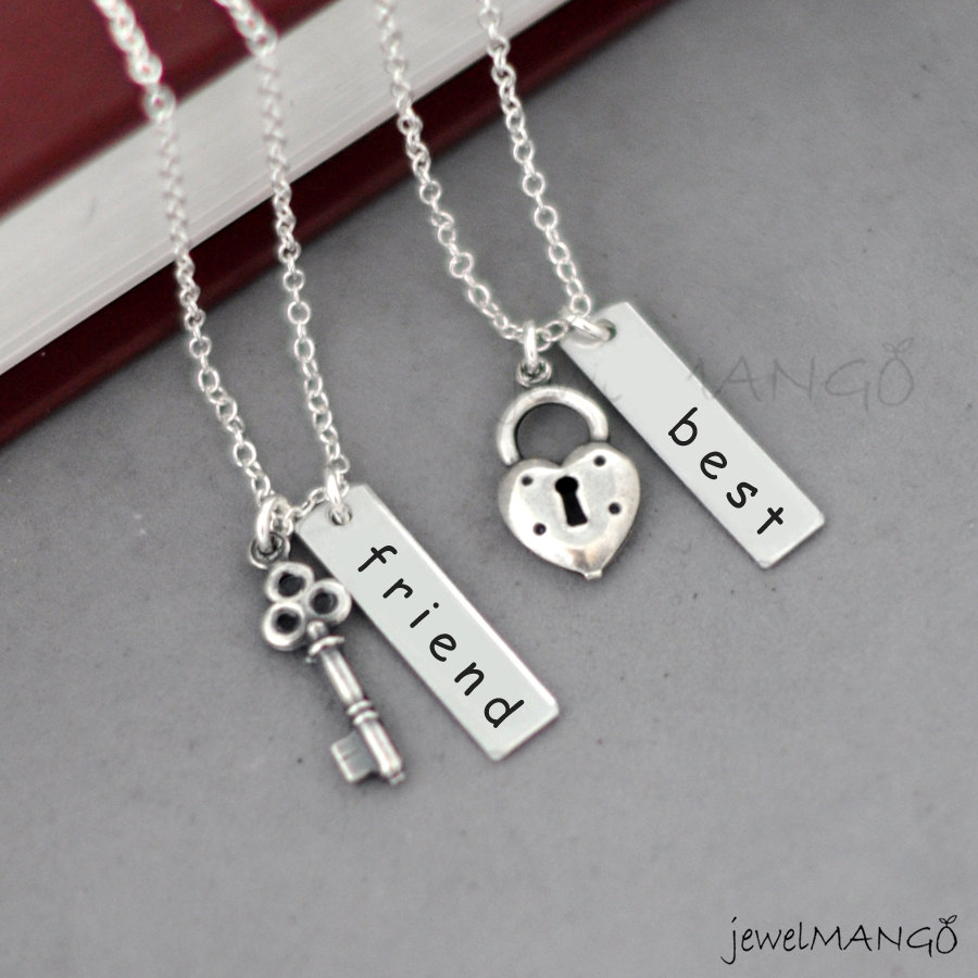 best friend necklace friendship necklace bff key and lock necklace gift for BFF antique gold birthday gifts for friends heart