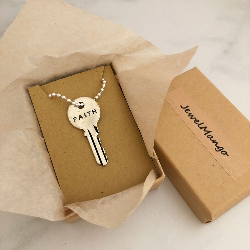 Silver Key Necklace LOVE FAITH Vintage Necklace Engraved Etsy
