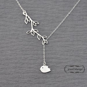 New Lariat Bird and Branch necklace, bird Necklace, Bird charm, Leaf Pendant, woodland, branch, leaves, wedding, Everyday Jewelry, sterling
