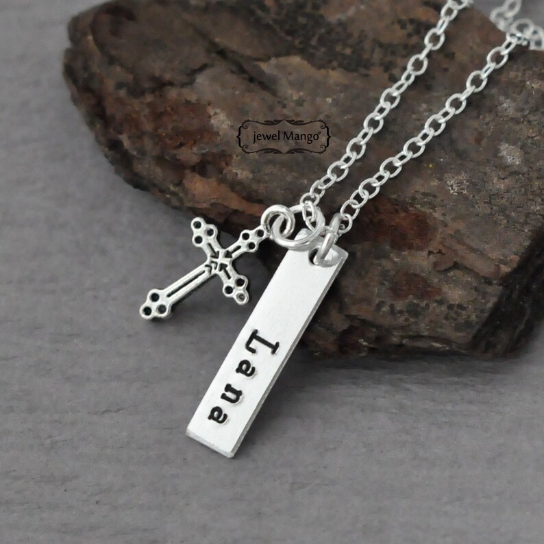 Cross Necklace Tag Bar Personalized Necklace Name Etsy