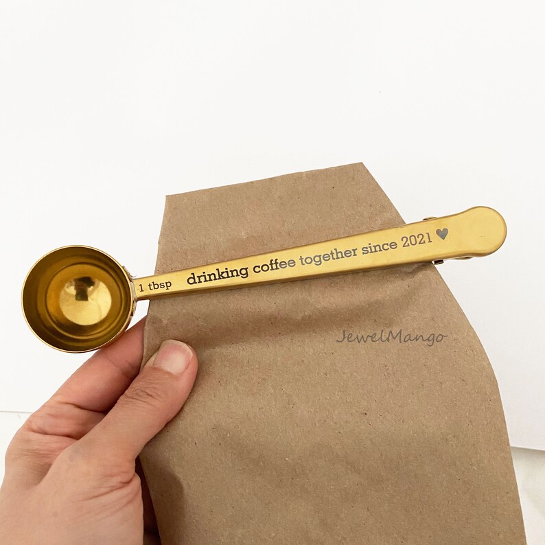 Coffee measuring Spoon and Bag Clip, Stainless Steel Bag Clip, Custom Measuring Scoop 1 tbsp, Gold and Silver, Personalized gift for coffee Gold