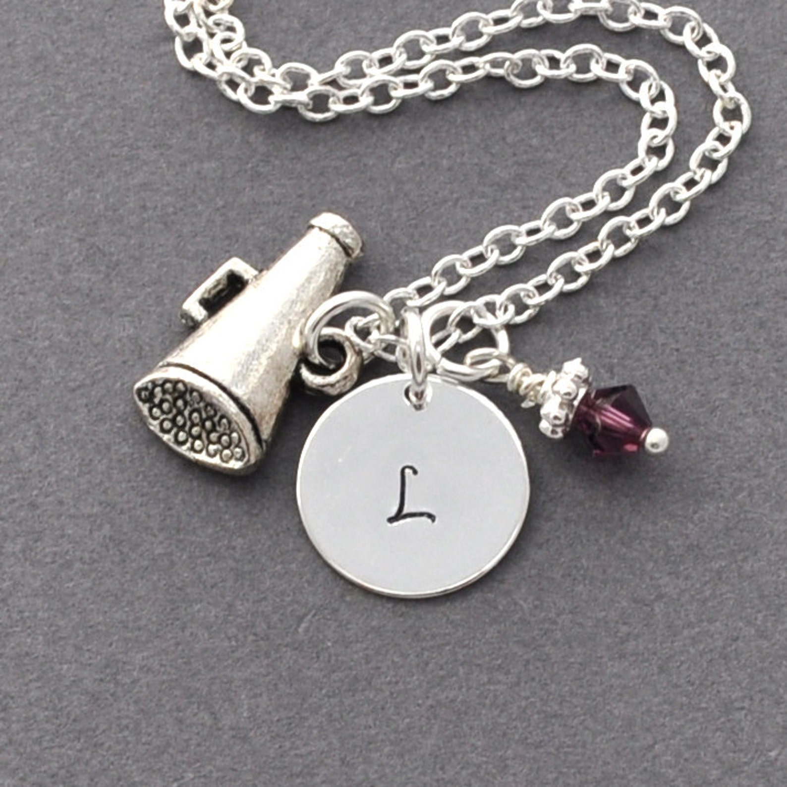Initial Necklace Silver Cheerleading Megaphone Charm Etsy