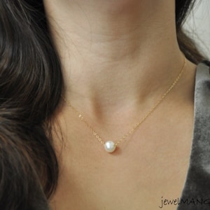 Pearl Gold Necklace, Pearl Silver Necklace, Bridesmaid necklace, wedding jewelry, bridal party, single pearl Necklace, Floating Pearl custom