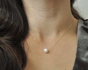 Pearl Gold Necklace, Pearl Silver Necklace, Bridesmaid necklace, wedding jewelry, bridal party, single pearl Necklace, Floating Pearl custom