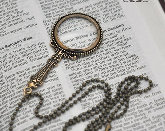 collier loupe, vraie loupe, vintage, antique, cadeaux pour maman, lecture, détective, bronze, collier loupe, pendentif grossissant