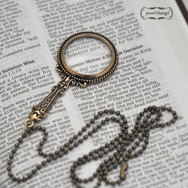 collier loupe, vraie loupe, vintage, antique, cadeaux pour maman, lecture, détective, bronze, collier loupe, pendentif grossissant