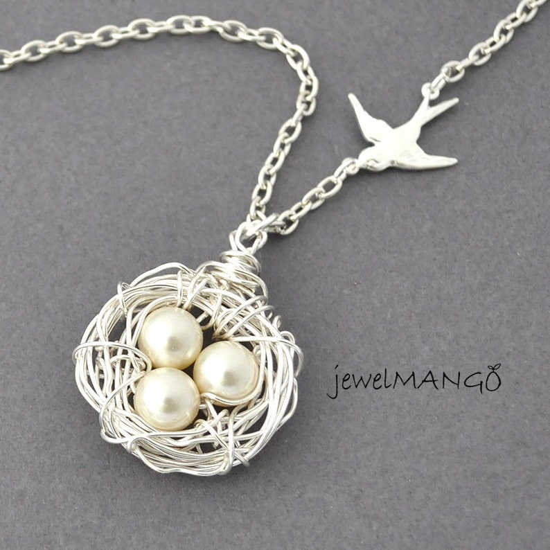 Pearl Egg Nest With Mama Bird Necklace Bird Necklace Bird Etsy
