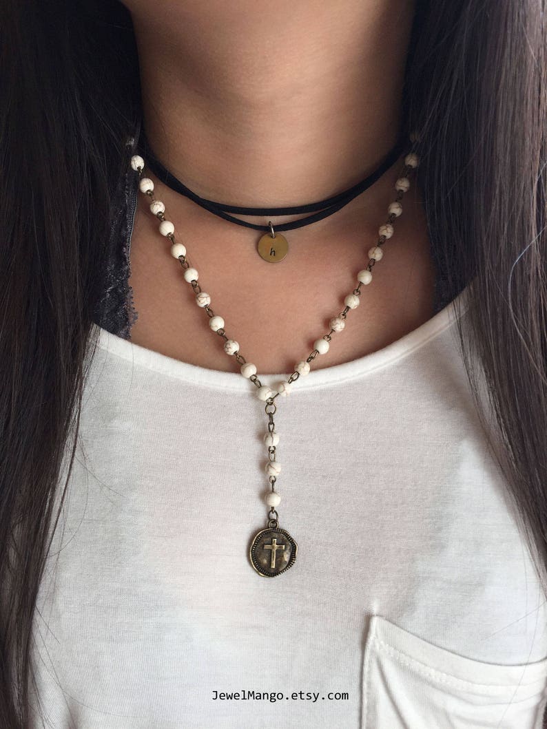 White Howlite Beaded Necklace Rosary Chain Necklace Bronze Etsy