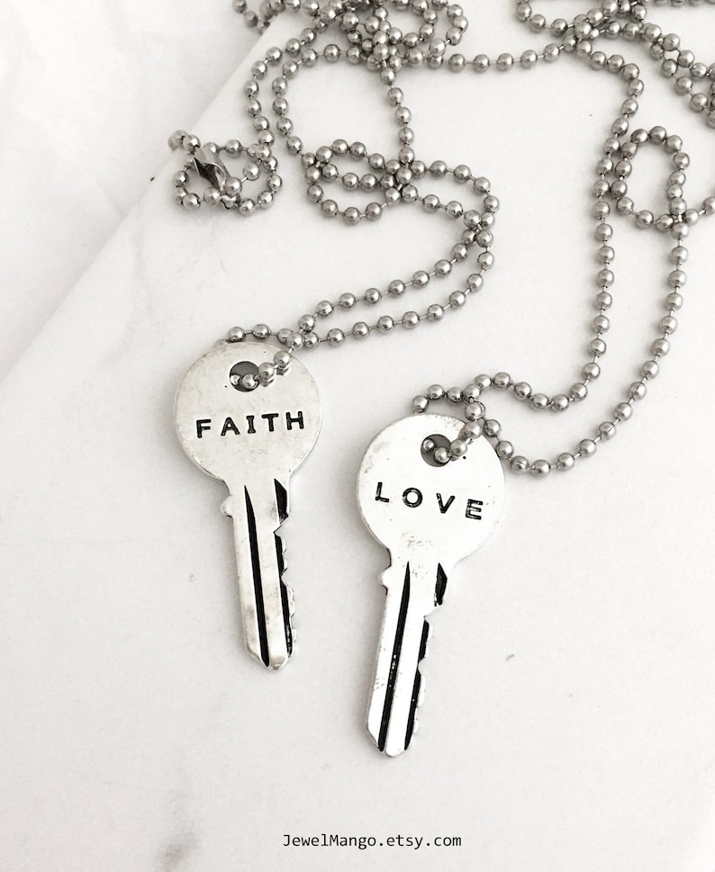 Silver Key Necklace LOVE FAITH Vintage Necklace Engraved Etsy