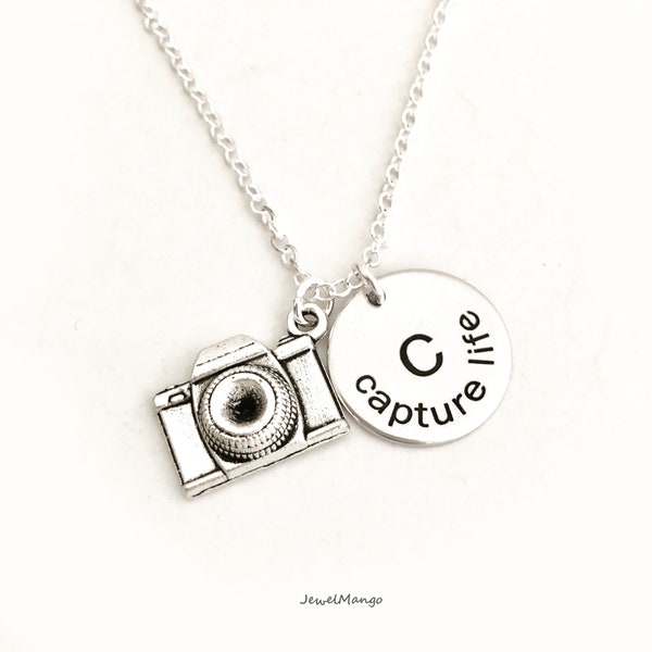 Camera necklace, Personalized initial camera necklace, Capture Life, capture moment, snap, vintage camera, hand stamped, photographer gift