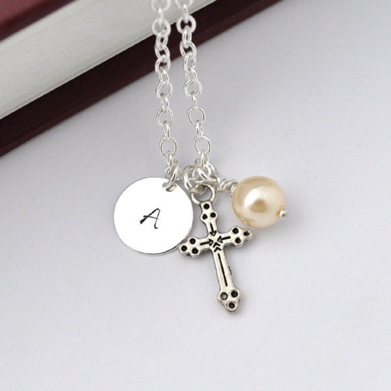 cross charm necklace, everyday jewelry, First Communion Gift, Baptism Gift,Initial Necklace Silver Cross charm Personalized Initial Necklace image 1