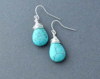 Turquoise Teardrop Wire Wrapped Earrings Handmade Jewelry, Dangle earrings, turquoise, earrings, gift for her, skyblue