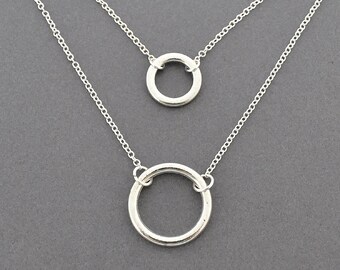 Silver double round ring Necklace, everyday Necklace, Halo, simple silver ring halo necklace, everyday jewelry double chain,layered necklace