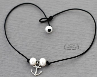 Anchor Double pearl leather necklace,pearl necklace, leather, knot, Leather Pearl Choker, freshwater pearl leather necklace, Anchor necklace