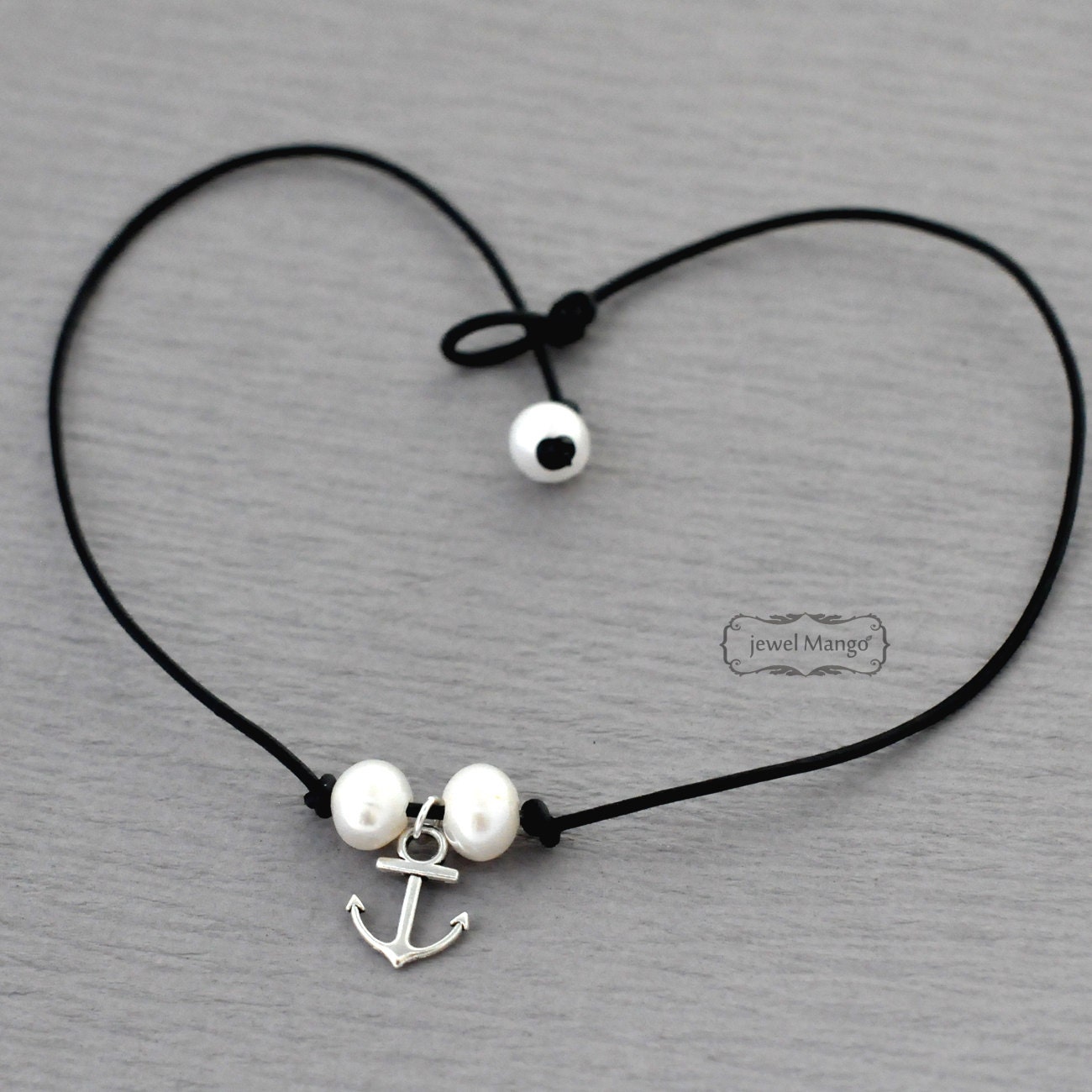 Anchor Double Pearl Leather Necklacepearl Necklace Leather Etsy