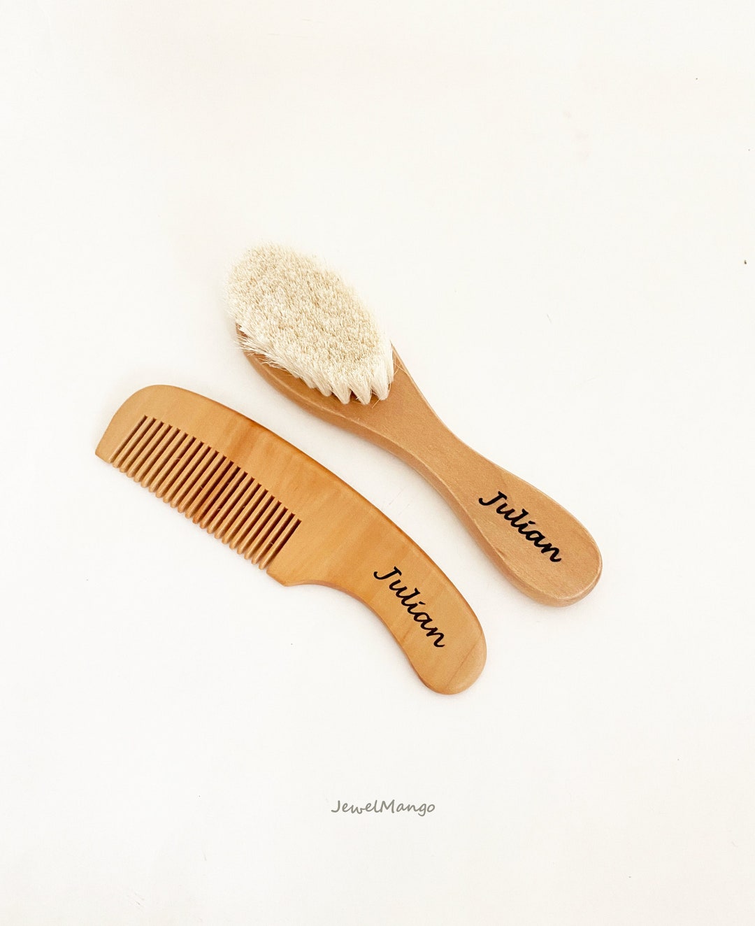 Personalized Baby Hair Brush and Comb, Soft Goat Bristles, Natural