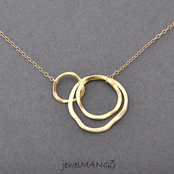 Gold Triple Rings, Three Ring Necklace, Past Present Future, Linked circle necklace, Eternity 3 ring Jewelry, Interlocking Rings, Friendship