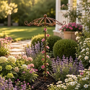 Peut inclure: Un treillis de jardin en métal couleur cuivre composé d'un mât central vertical surmonté d'une structure incurvée en forme de parapluie avec des extrémités en volutes. Un rosier grimpant aux petites fleurs roses pousse le long du mât.