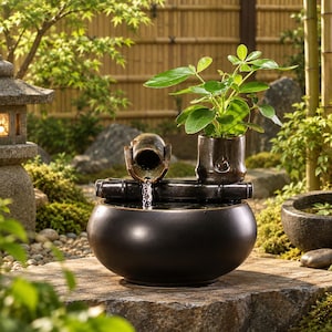 Könnte beinhalten: Ein schwarzer Keramik-Wasserbrunnen mit einem abgerundeten Becken, einem horizontalen Auslauf im Bambus-Stil und einem integrierten zylindrischen Pflanzgefäß mit einer grünen Pflanze. Wasser fließt aus dem Auslauf in das Becken.