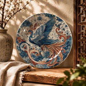 Pode incluir: Um prato decorativo redondo de cerâmica com uma ilustração detalhada de uma fênix azul em voo. O design inclui padrões intrincados de nuvens rodopiantes em tons de azul, branco e laranja terracota sobre um fundo creme.