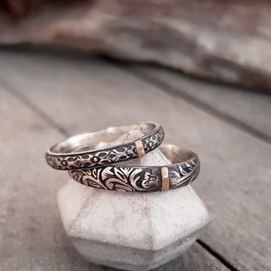 Antique style wedding rings, Relic wedding rings, sterling silver and 18K gold rings, Wedding bands set, organic wedding rings set, floral