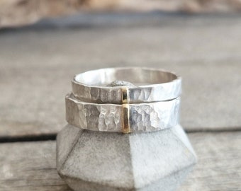 Hammered bands with 18K gold,  3mm & 5mm rings, rustic wedding rings, organic sterling silver, wedding bands set, couples rings, mixed metal