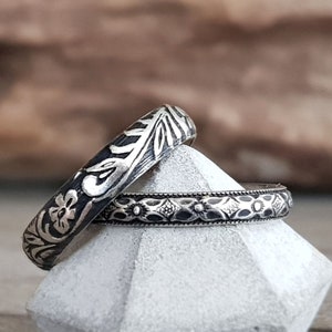 Victorian Style Sterling Silver Wedding Ring Set: Antique Relic Bands
