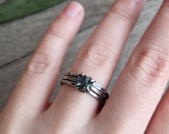 Black diamond ring, Raw diamond ring, rings set, rough black diamond, nature inspired, natureal wedding, promise ring, engagement, raw stone