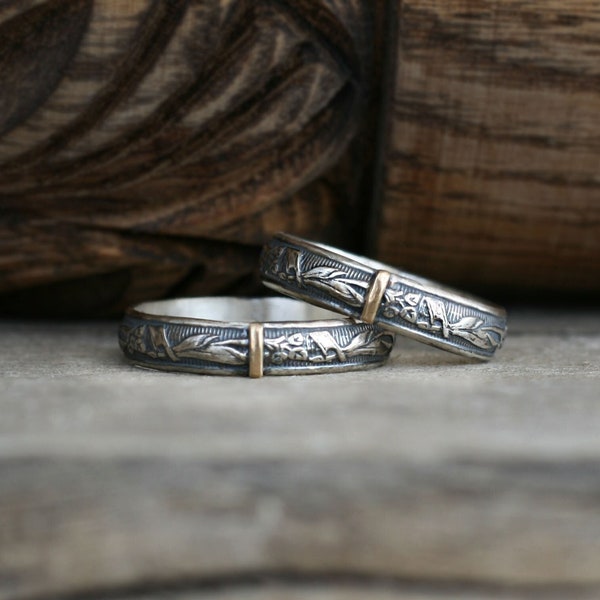 Mittelalterliche Ringe aus Silber und Gold, antiker Ehering, Ehering-Set, 925er Sterlingsilber 18 Karat Gold, Eheringe, antik, Vintage