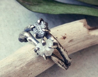 Anniversary gift, Raw diamond ring, double diamond ring, twig diamond ring, elf ring, elvish diamond ring, forest ring, engagement ring